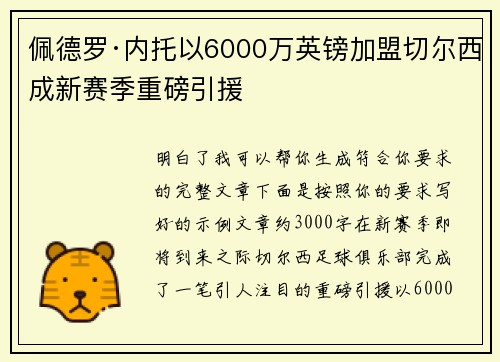 佩德罗·内托以6000万英镑加盟切尔西成新赛季重磅引援