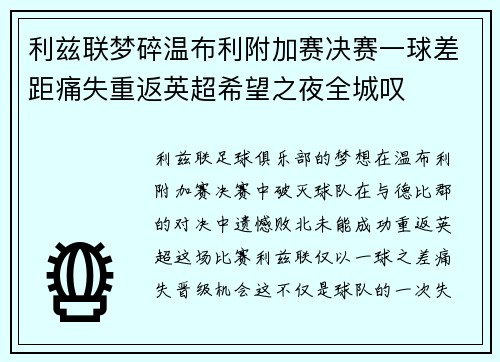 利兹联梦碎温布利附加赛决赛一球差距痛失重返英超希望之夜全城叹